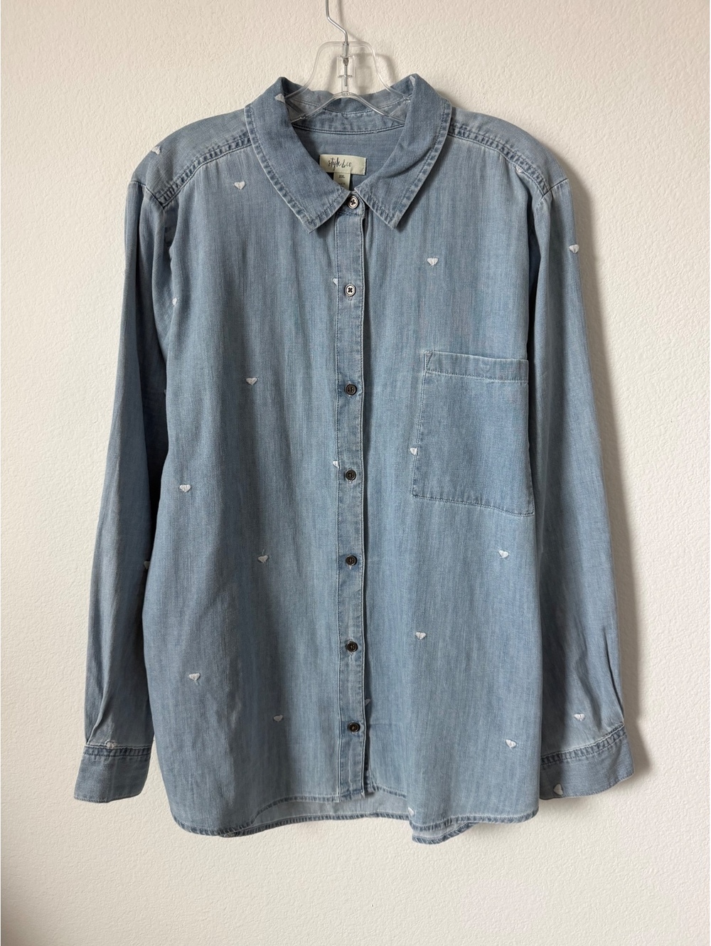 Style & Co Long Sleeve Button Up Heart Embroidered Blue Denim Shirt Size XXL